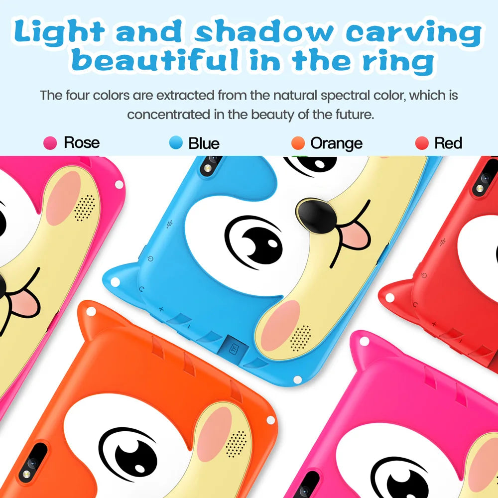 BDF-Tablette Android 13 pour enfants 7 pouces coque colorée rose bleu orange rouge Doba Store cadeau éducatif sécurisé