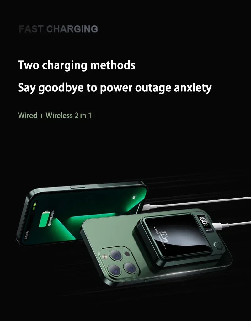Xiaomi Mijia 100000mAh external battery showing wired and wireless charging with smartphone on black background