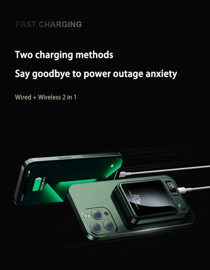 Xiaomi Mijia 100000mAh external battery showing wired and wireless charging with smartphone on black background