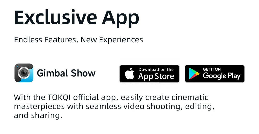 TOKQI Gimbal Show app promotion with Apple App Store and Google Play download icons on white background