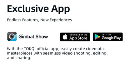 TOKQI Gimbal Show app promotion with Apple App Store and Google Play download icons on white background