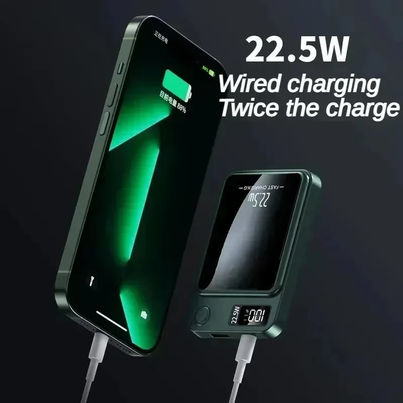 Smartphone connected to Xiaomi Mijia 100000mAh portable charger with digital display showing 22.5W wired fast charging