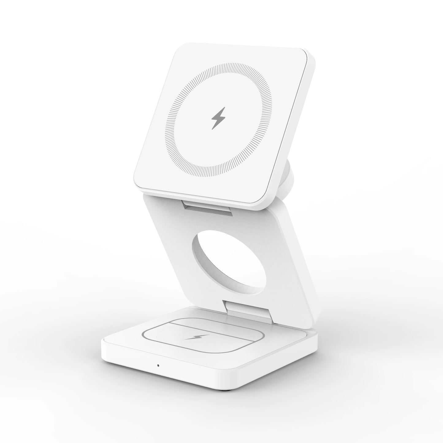 White foldable 3-in-1 magnetic wireless charger with charging icons for iPhone, Apple Watch, and AirPods on white background