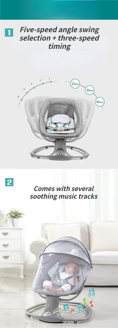 Gray electric multifunctional rocking baby chair with five swing speeds, three timer options, and soothing music tracks