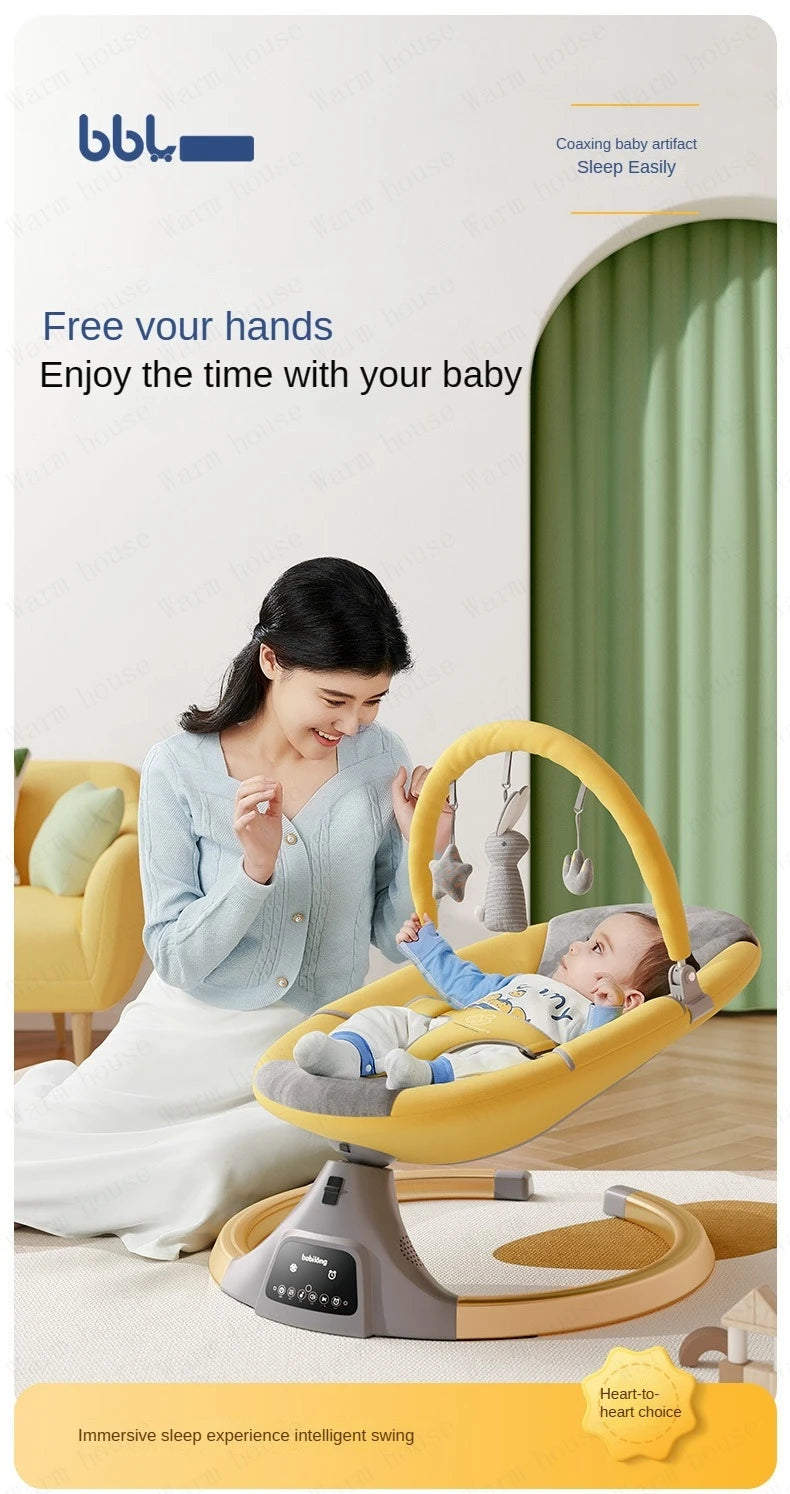 Mother smiling at baby lying in a yellow and gray electric rocking baby chair in a cozy living room setting