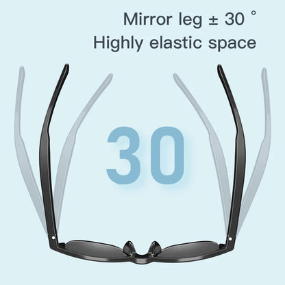 Black wireless Bluetooth sunglasses showing flexible temple arms with 30 degree adjustment on light blue background