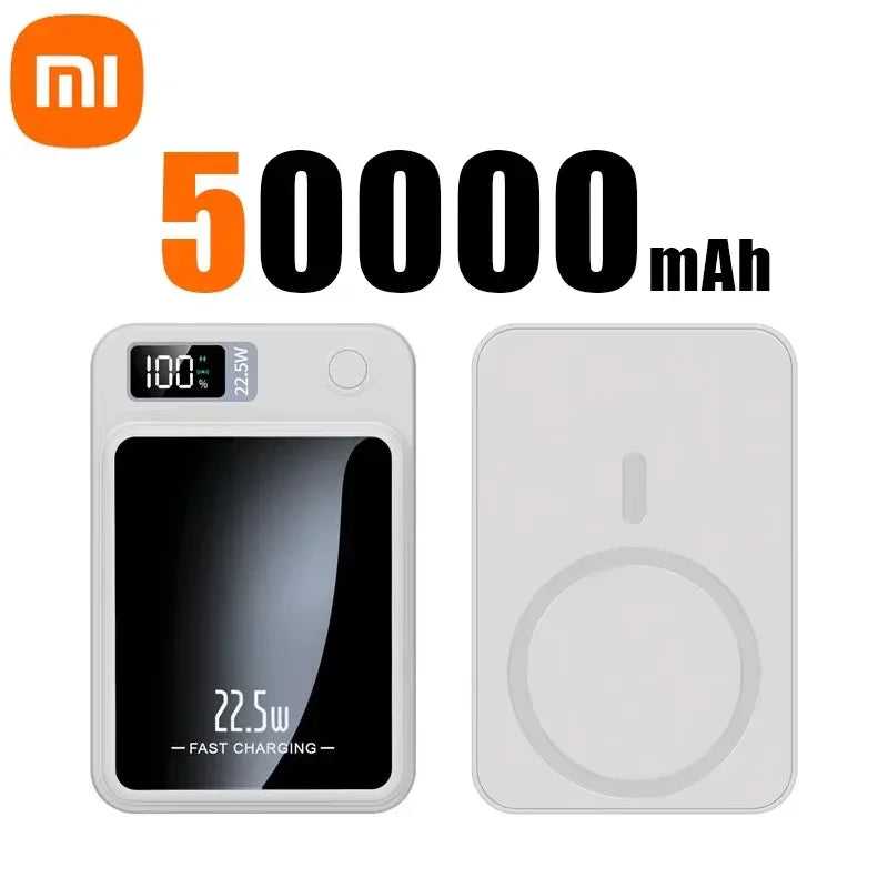 White Xiaomi Mijia 50000mAh power bank with digital display and wireless magnetic fast charging panel shown from front and back angles