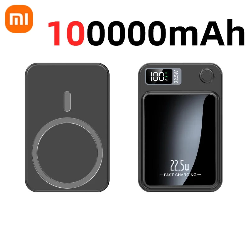 Front and back view of Xiaomi Mijia 100000mAh wireless magnetic power bank with digital display and fast charging indicator