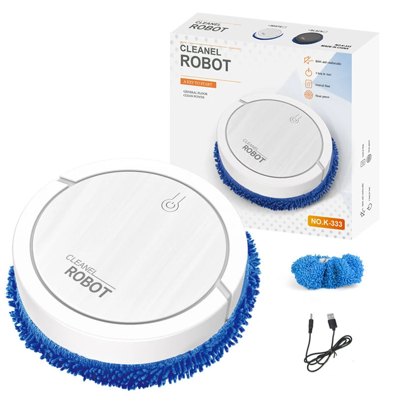 White round smart cleaning robot with blue microfiber brush, USB charging cable, and product packaging box