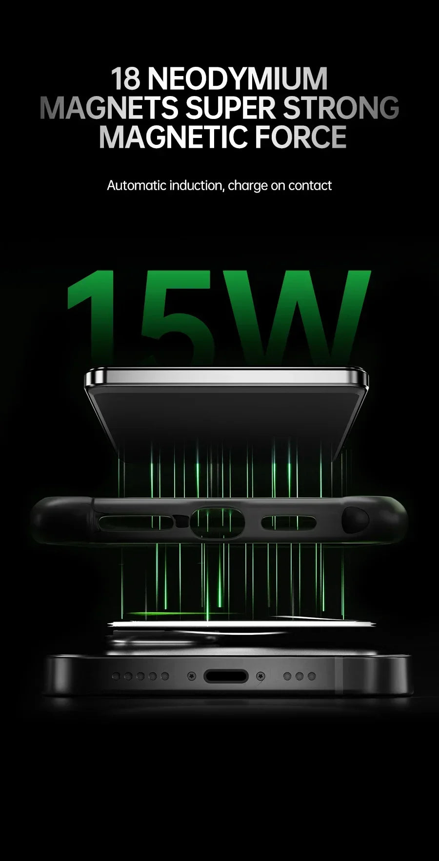Smartphone charging wirelessly with 18 neodymium magnets and 15W power displayed on a black background