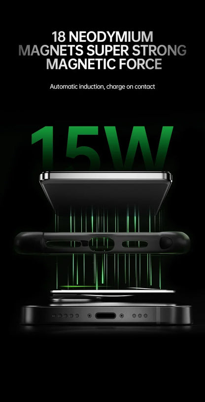 Smartphone charging wirelessly with 18 neodymium magnets and 15W power displayed on a black background