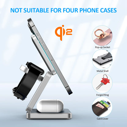 Qi2 3-in-1 foldable magnetic wireless charger with iPhone, Apple Watch, and AirPods on a white background