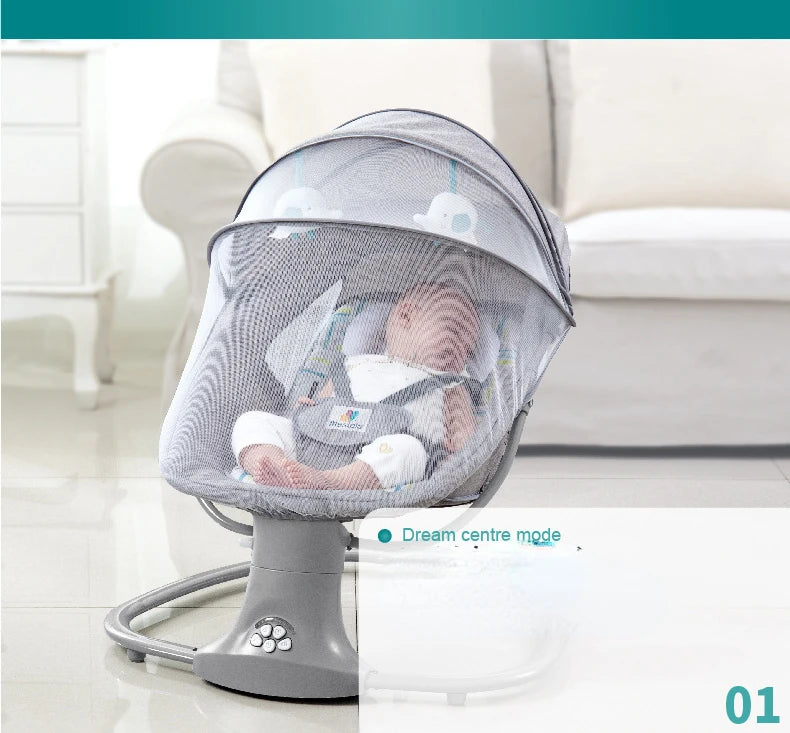 Baby sleeping comfortably in a gray electric rocking chair with a mesh canopy in a bright living room setting