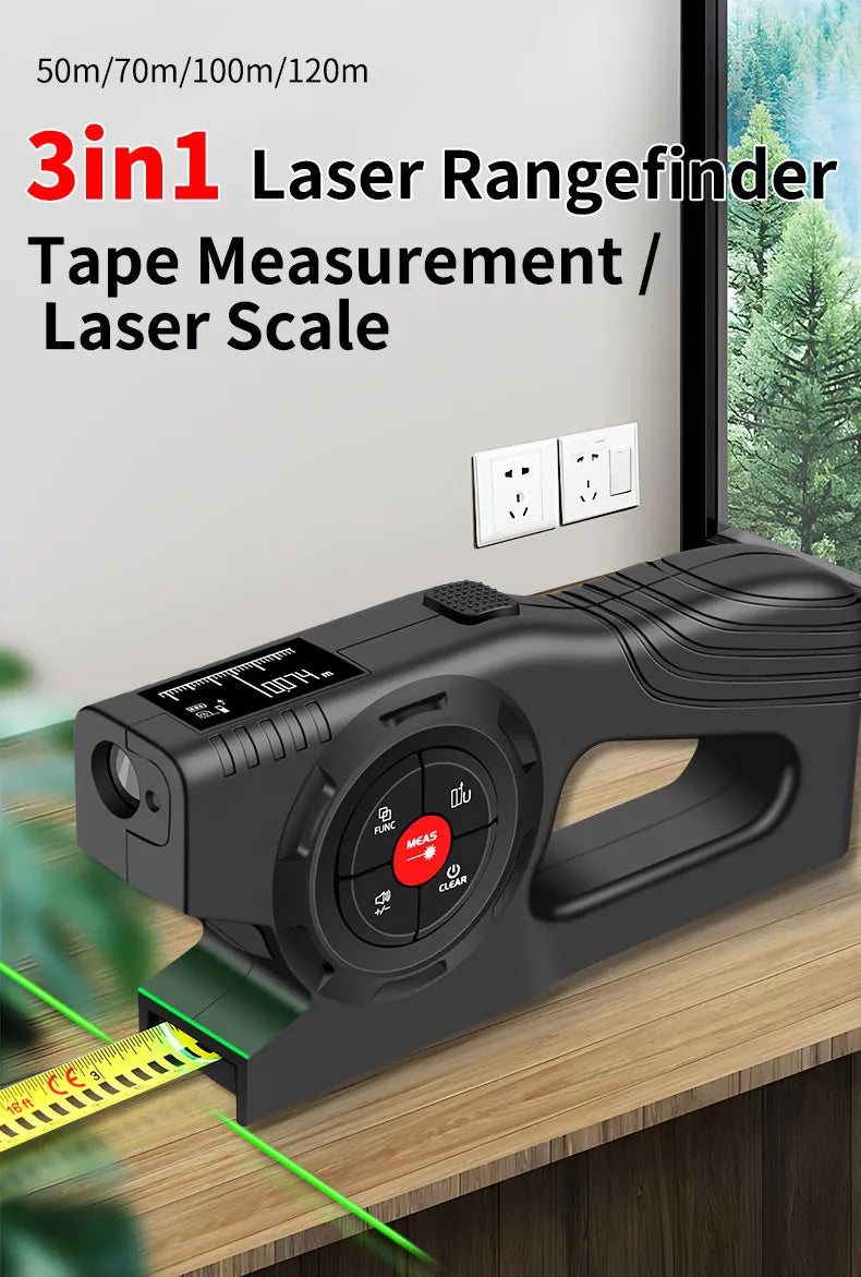Black 3 in 1 laser rangefinder and tape measure with digital LCD backlit display on wooden surface