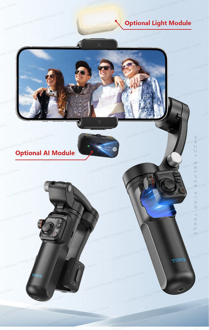 Portable black 3-axis smartphone gimbal with optional light and AI modules shown from multiple angles