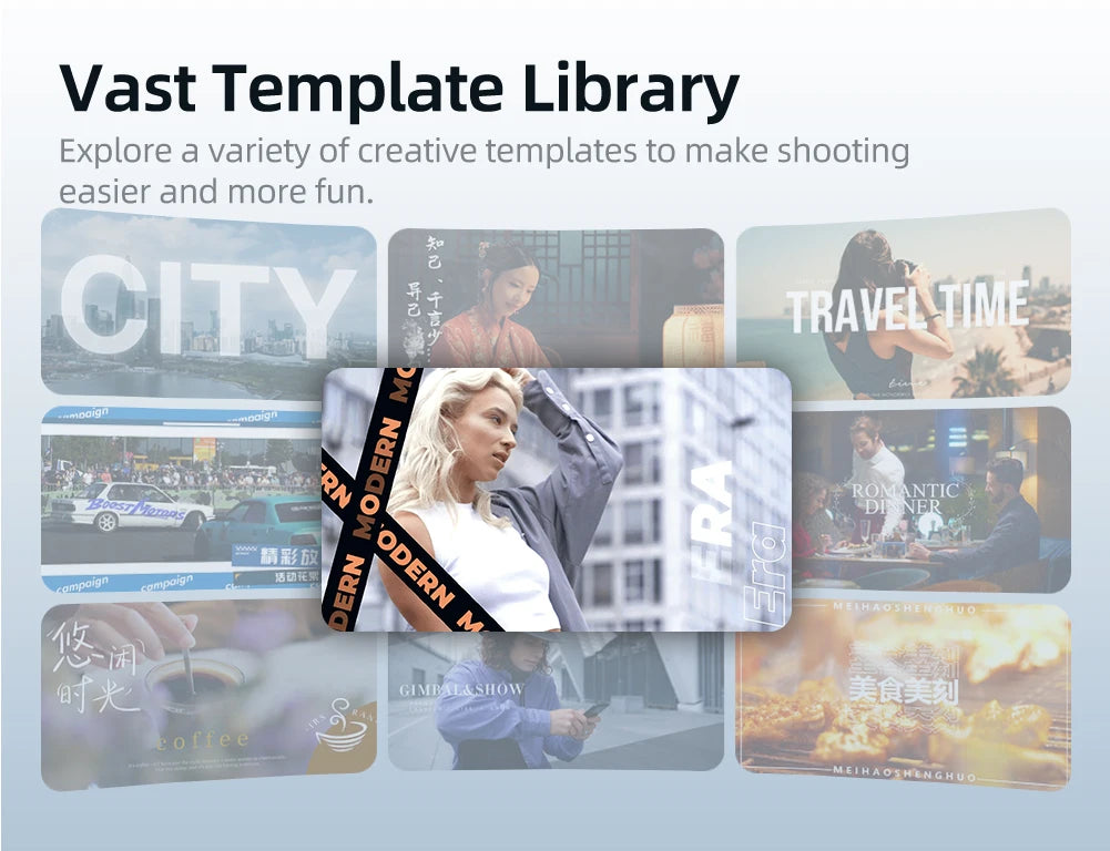 Digital template library screen displaying various video styles including city, travel, and modern fashion themes on a smartphone interface