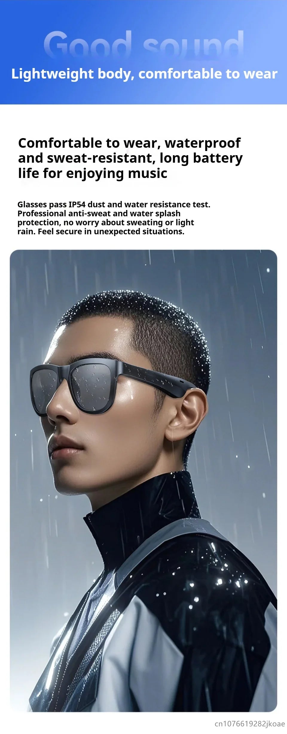 Young man wearing black smart sunglasses with water droplets in rain demonstrating waterproof and sweat-resistant feature