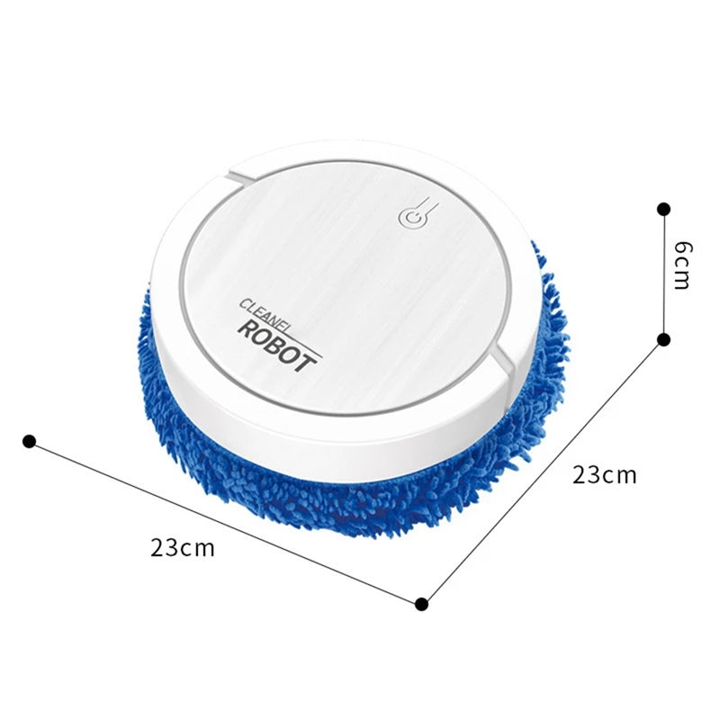 White round automatic cleaning robot with blue microfiber brush and dimensions labeled on a white background