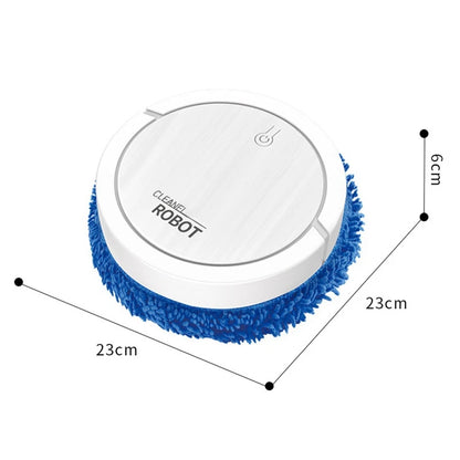 White round automatic cleaning robot with blue microfiber brush and dimensions labeled on a white background