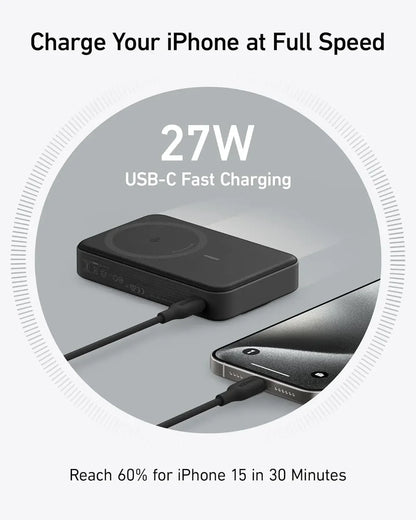 Black wireless power bank charging an iPhone with 27W USB-C fast charging text on a light background
