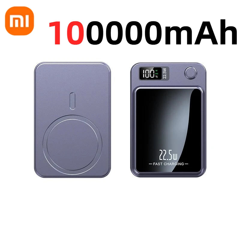 Front and back views of Xiaomi Mijia 100000mAh portable power bank with digital display and wireless charging ring