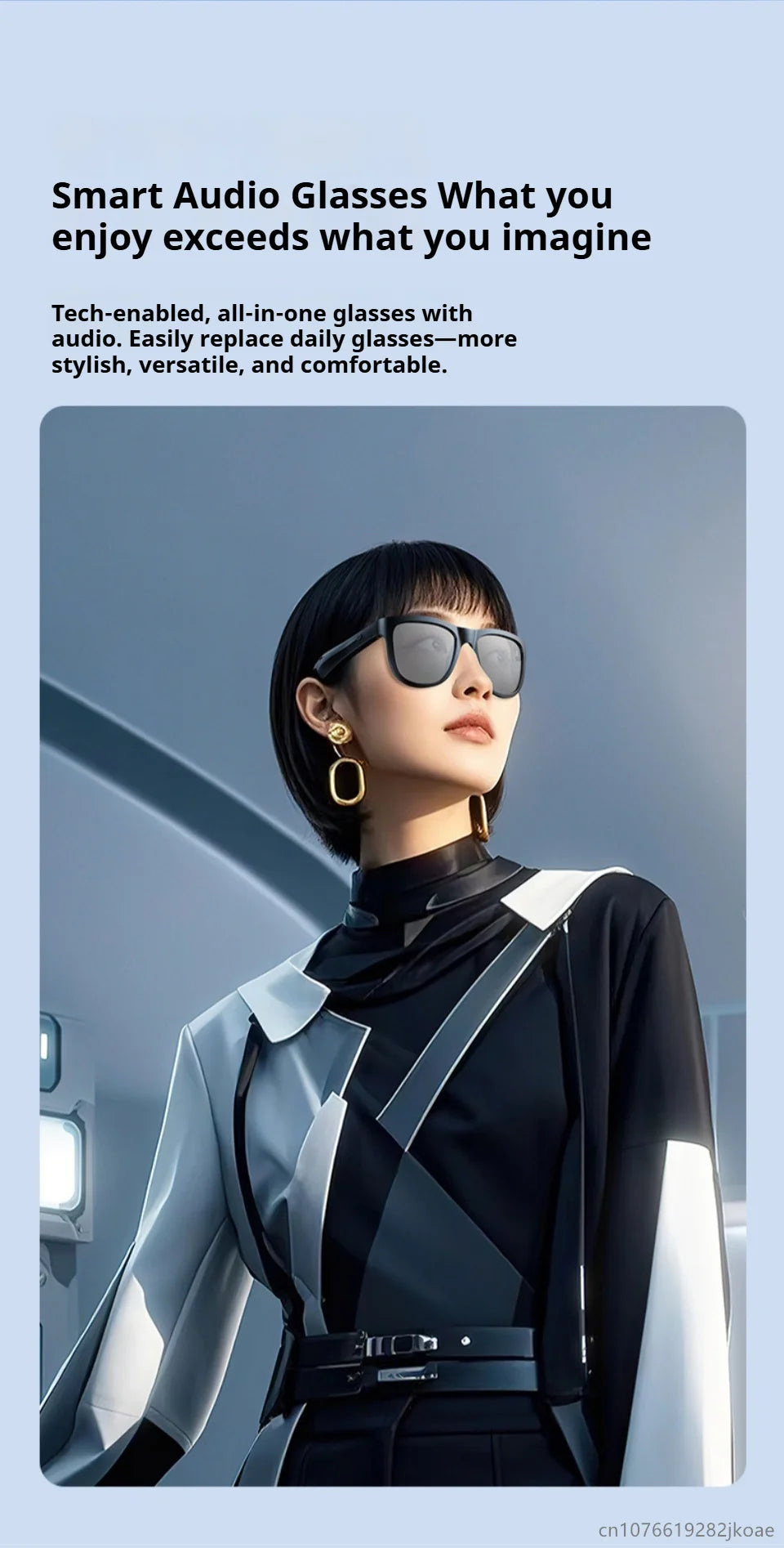 Woman wearing black smart sunglasses with built-in audio and stylish black and white outfit against a soft blue background
