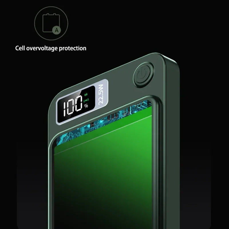 Close-up of Xiaomi Mijia portable power bank showing digital display and cell overvoltage protection icon on black background