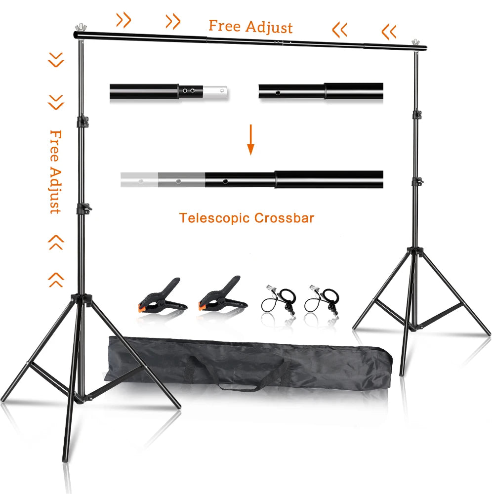 Adjustable black aluminum backdrop support stand with telescopic crossbar, clamps, and carrying case for photo and video studio