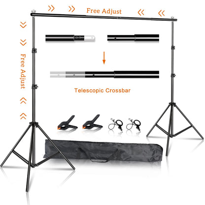 Adjustable black aluminum backdrop support stand with telescopic crossbar, clamps, and carrying case for photo and video studio