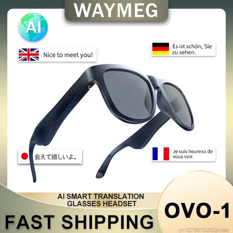 Black smart sunglasses with built-in AI translation headset displaying multilingual text bubbles in English, German, French, and Japanese