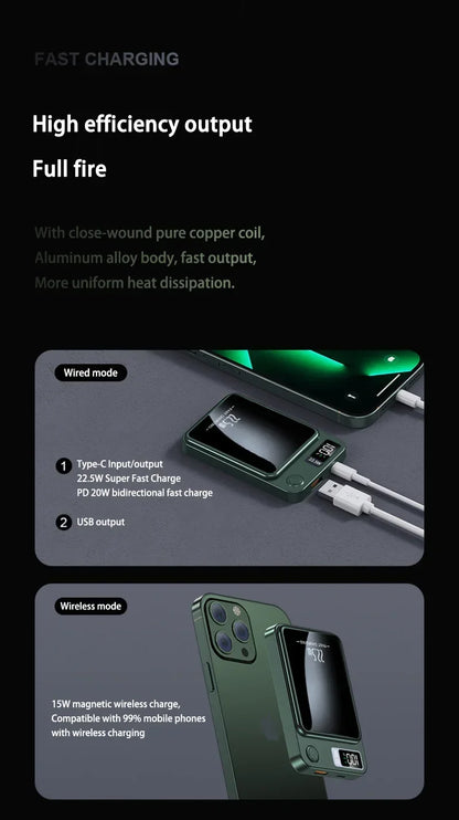 Green Xiaomi Mijia 100000mAh portable charger showing wired and wireless charging modes with digital display