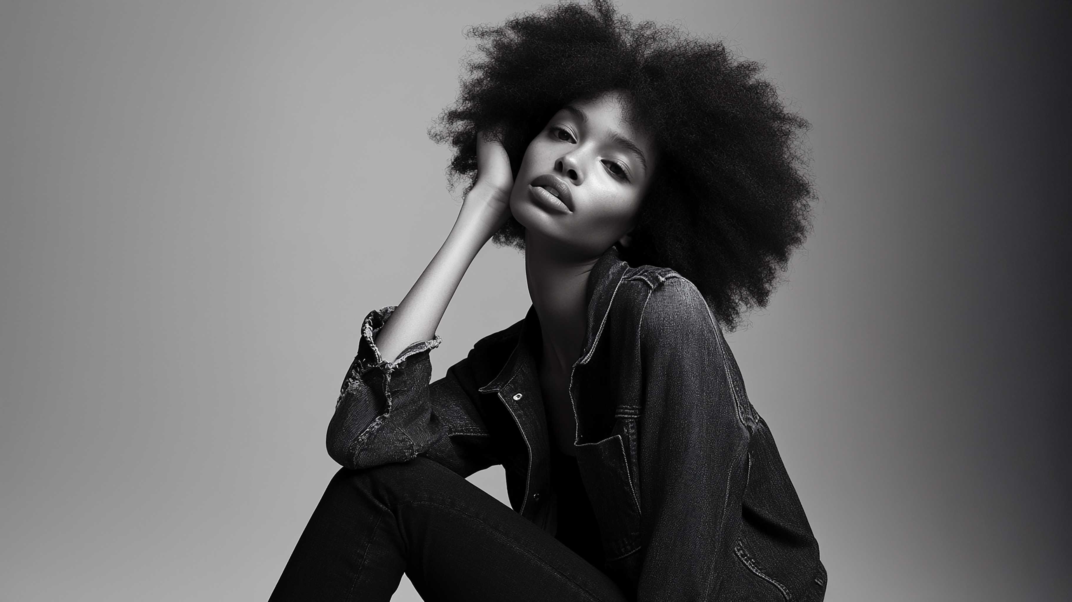 Black and white photo of a woman with natural afro hairstyle wearing a denim jacket and pants seated against a plain background
